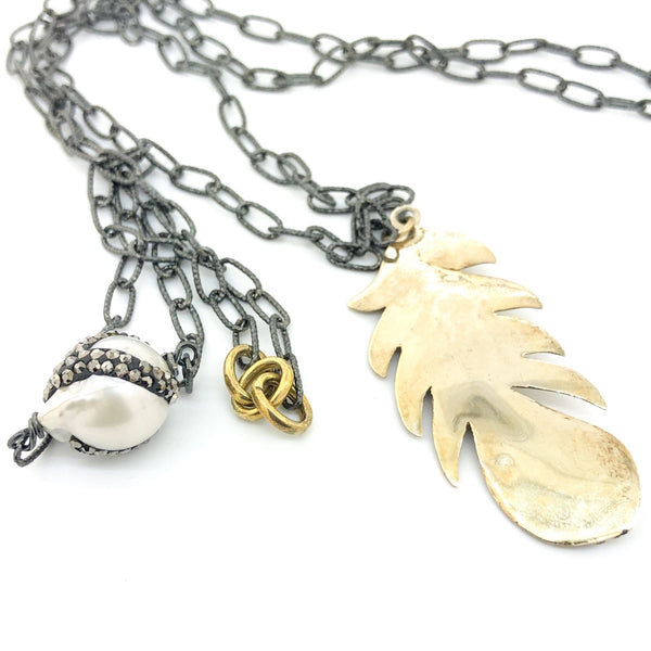 Antiqued Sterling silver Feather & Pearl Necklace - Walter Bauman Jewelers
