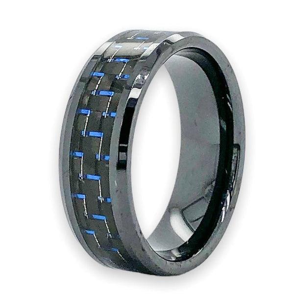 Black Ceramic Black & Blue Carbon Fiber Men’s 8mm Band Ring - Walter Bauman Jewelers