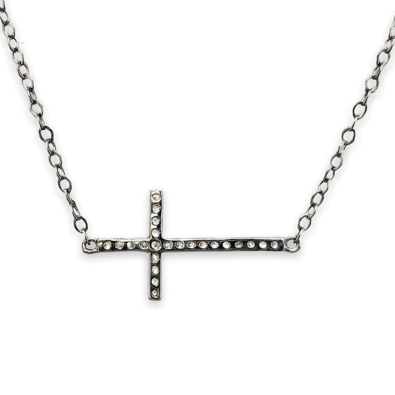 Black Rhodium SS Sideways CZ Cross Necklace - Walter Bauman Jewelers