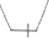 Black Rhodium SS Sideways CZ Cross Necklace - Walter Bauman Jewelers