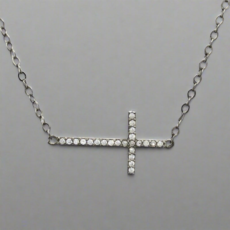 Black Rhodium SS Sideways CZ Cross Necklace - Walter Bauman Jewelers