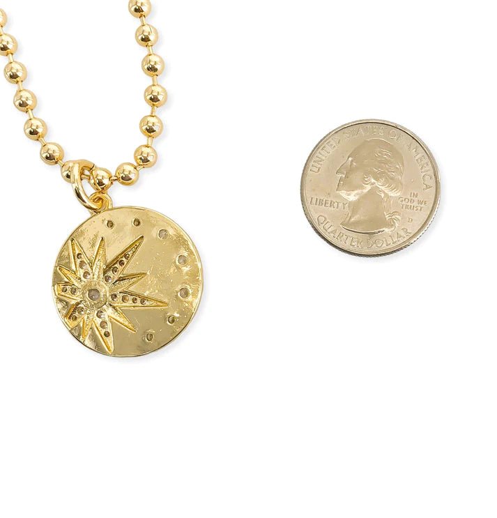 Brass YGP 24" 4mm Bead Necklace With Sunburst CZ Medallion - Walter Bauman Jewelers