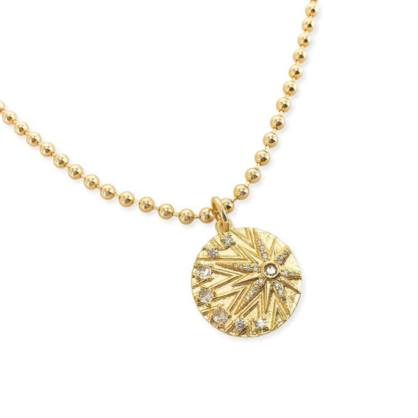 Brass YGP 24" 4mm Bead Necklace With Sunburst CZ Medallion - Walter Bauman Jewelers