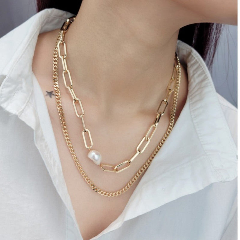 Brass YGP Baroque Pearl With Paperclip, Half Curb Chain Necklace - Walter Bauman Jewelers