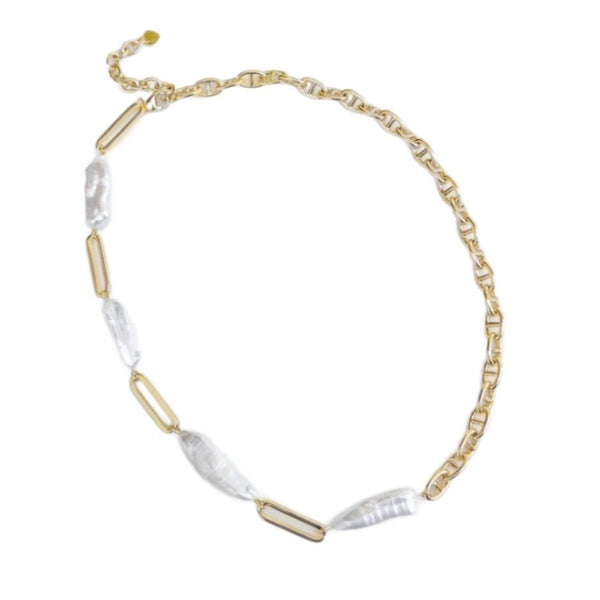 Brass YGP Baroque Pearl With Paperclip, Half Mariner Chain Necklace - Walter Bauman Jewelers