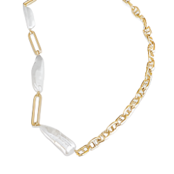 Brass YGP Baroque Pearl With Paperclip, Half Mariner Chain Necklace - Walter Bauman Jewelers
