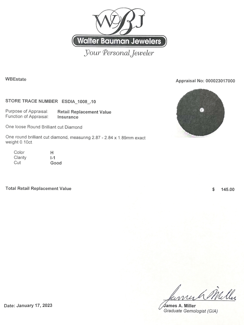 Estate 0.10ct H/I1 RBC Loose Diamond - Walter Bauman Jewelers