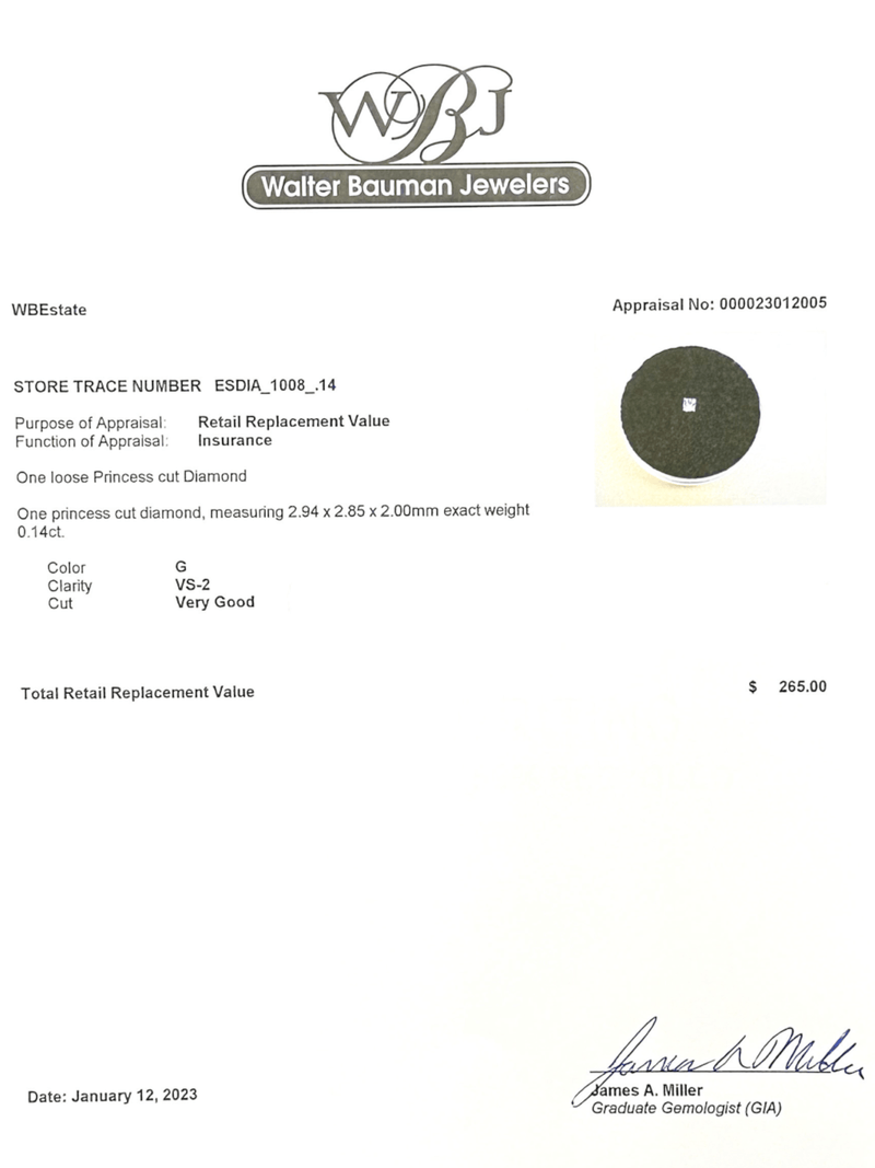 Estate 0.14ct G/VS2 Princess Loose Diamond - Walter Bauman Jewelers