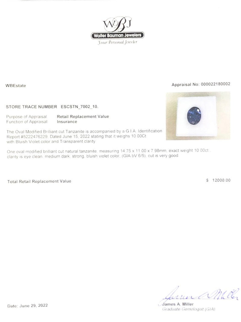 Estate 10ct Oval Cut Tanzanite Loose Gemstone - Walter Bauman Jewelers