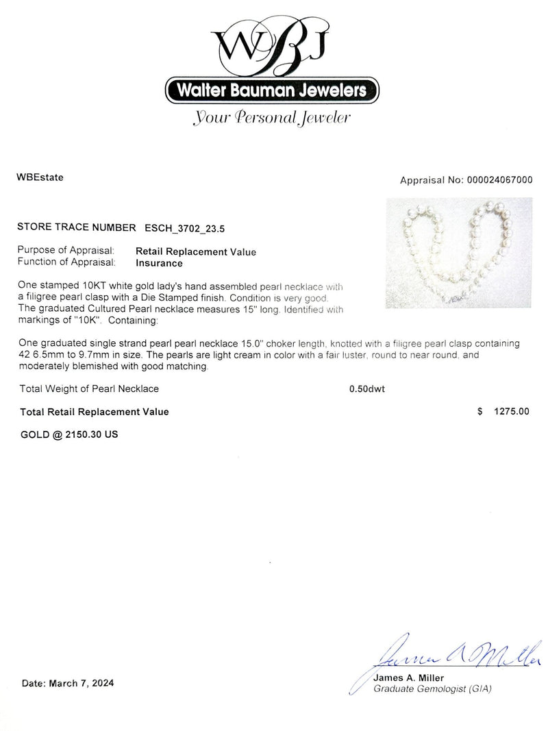 Estate 10K W Gold 6.5-9.7mm Graduated Akoya Pearl 15” Necklace - Walter Bauman Jewelers
