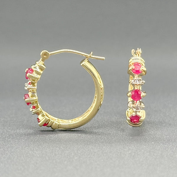 Estate 10K Y Gold 0.50cttw Ruby & 0.02cttw H-I/SI1 Diamond Hoop Earrings - Walter Bauman Jewelers