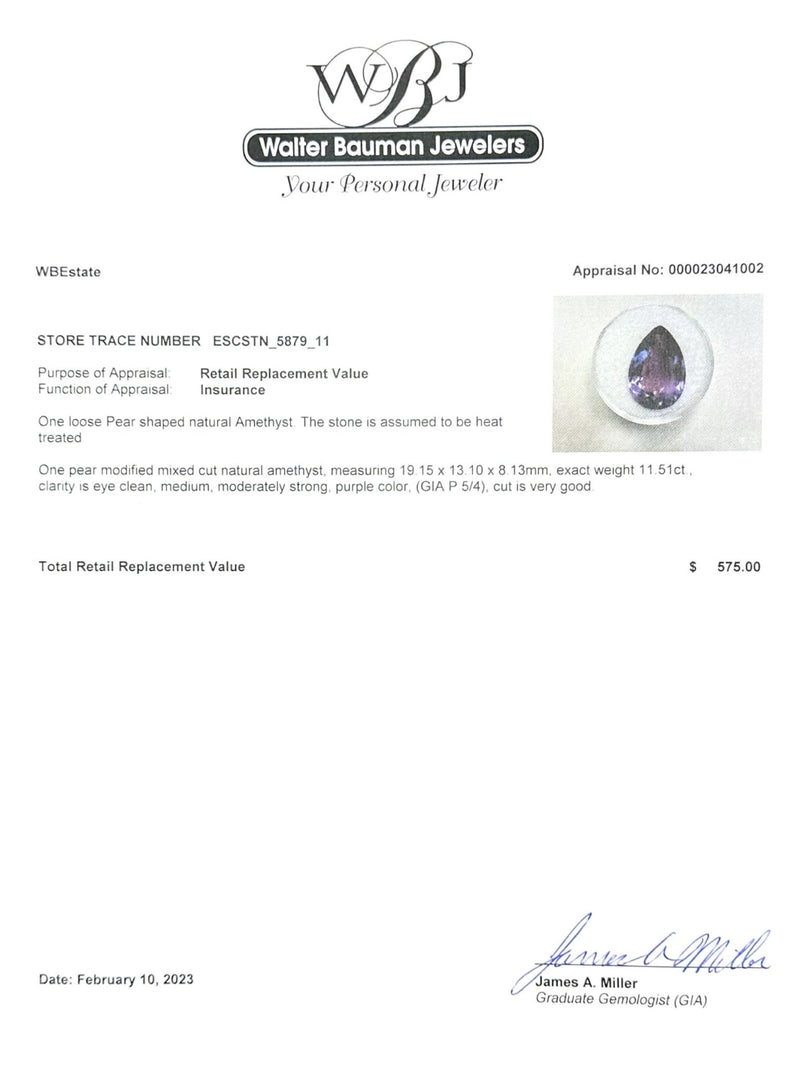 Estate 11.51ct Pear Amethyst Loose Gemstone - Walter Bauman Jewelers