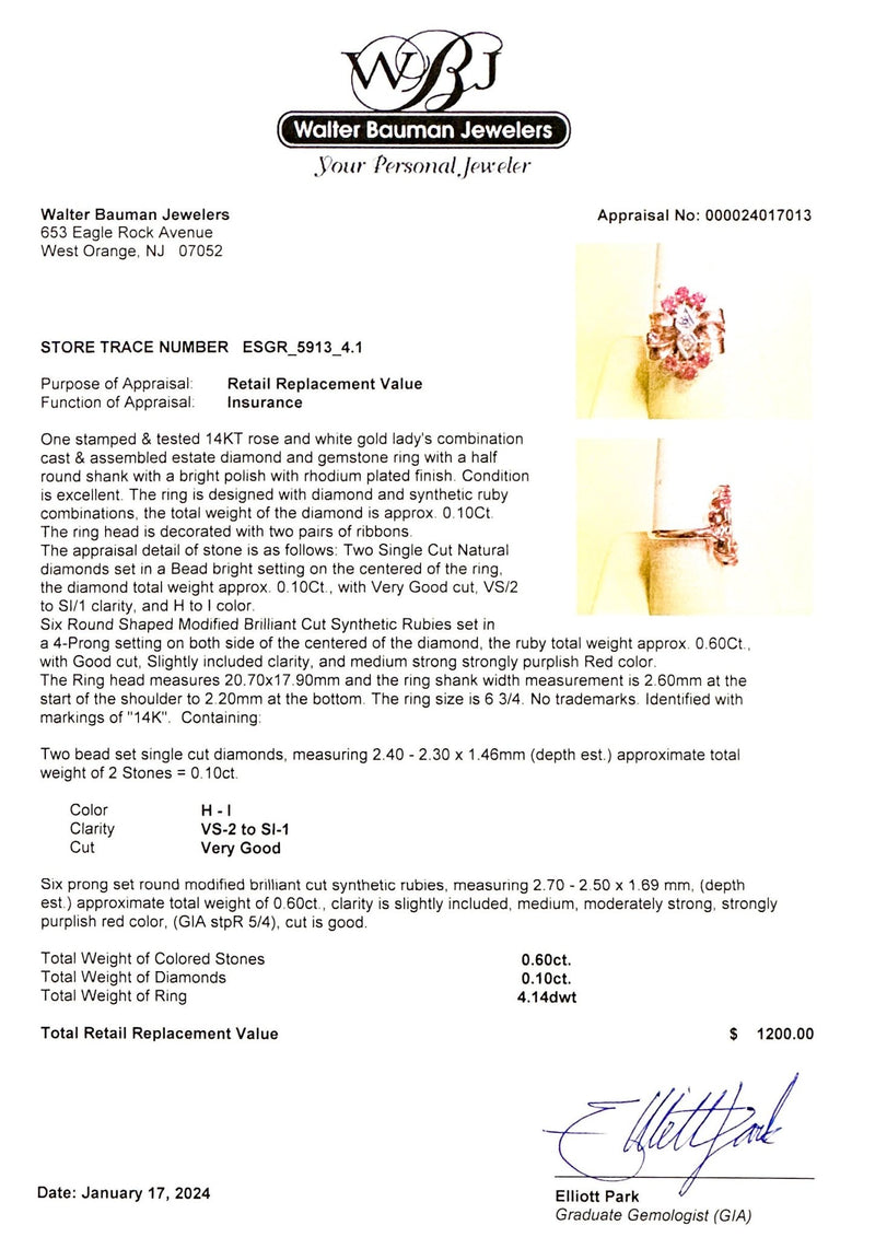 Estate 14K R Gold 0.60cttw Lab-Created Ruby & 0.10cttw H-I/VS2-SI1 Diamond Ring - Walter Bauman Jewelers