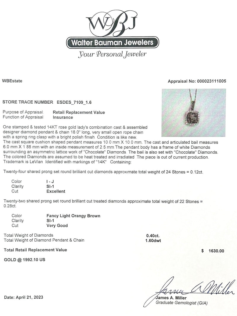 Estate 14K R Gold Levian 0.40cttw Chocolate & I-J/SI1 Diamond Pendant - Walter Bauman Jewelers