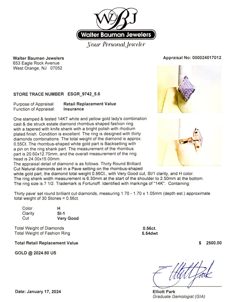 Estate 14K TT Gold 0.56cttw H/SI1 Diamond Navette Ring - Walter Bauman Jewelers