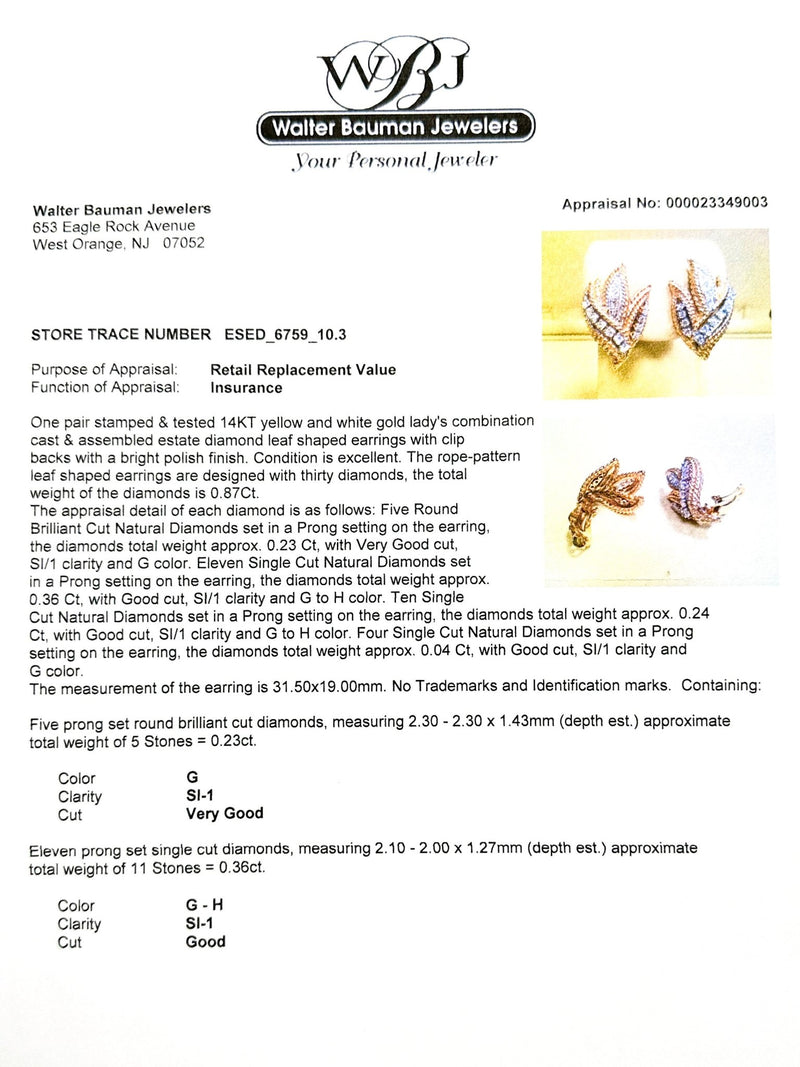 Estate 14K TT Gold 0.87cttw G-H/SI1 Diamond Leaf Earrings - Walter Bauman Jewelers