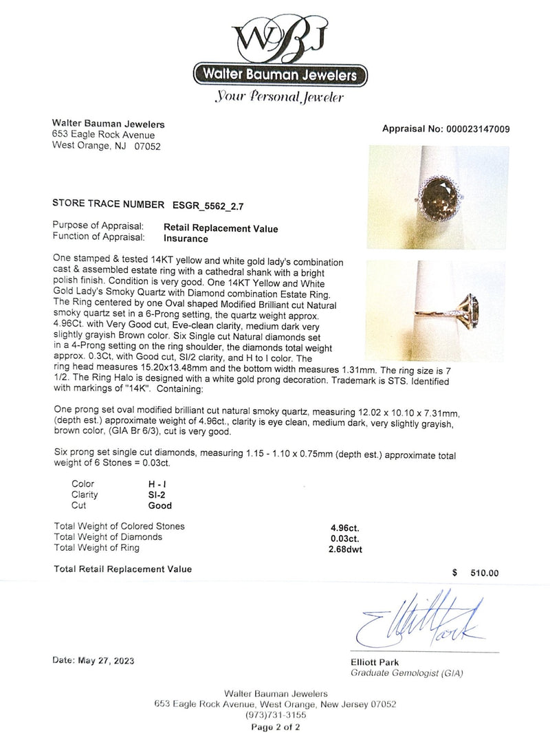 Estate 14K TT Gold 4.96ct Smoky Quartz & 0.03cttw H-I/SI2 Diamond Ring - Walter Bauman Jewelers