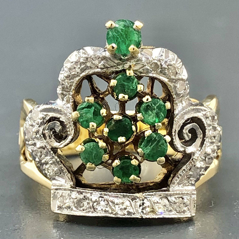 Estate 14k Two-Tone Gold Diamond & Emerald Crown Ring - Walter Bauman Jewelers