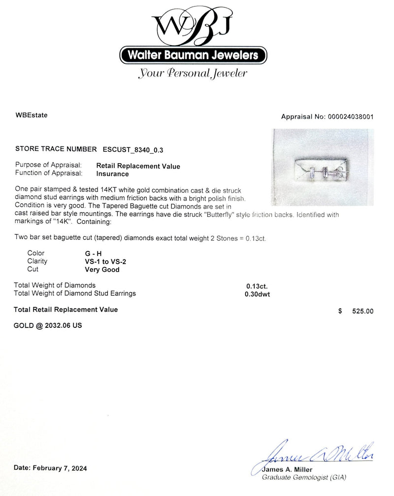 Estate 14K W Gold 0.09ctw G-H/VS1-2 Diamond Stud Earrings - Walter Bauman Jewelers
