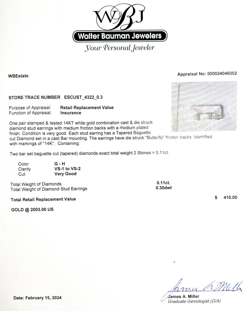 Estate 14K W Gold 0.11ctw G-H/VS1-2 Baguette Diamond Stud Earrings - Walter Bauman Jewelers