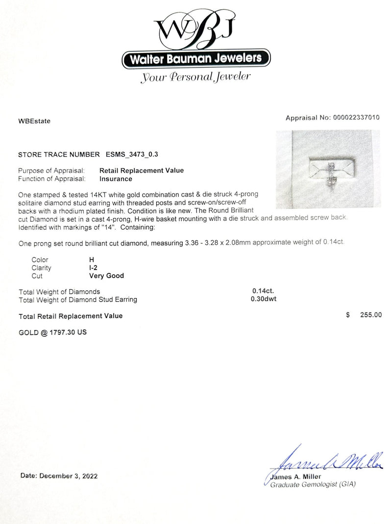 Estate 14K W Gold 0.14ct H/I2 Diamond Screwback Earring - Walter Bauman Jewelers
