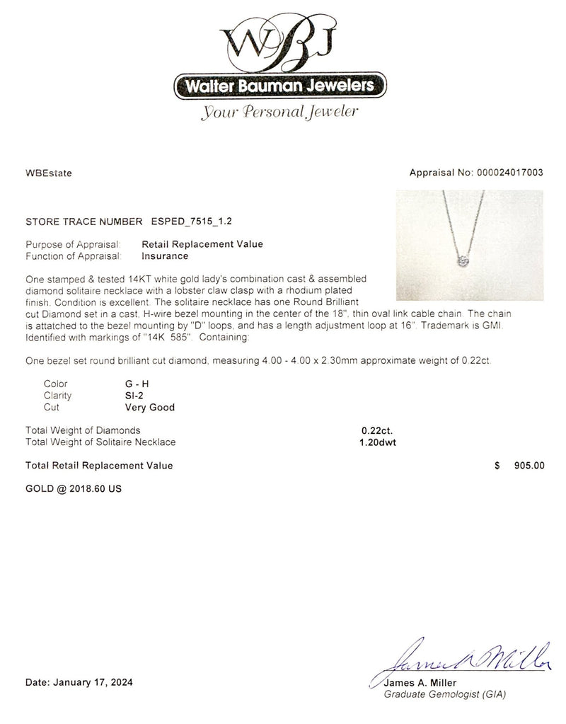 Estate 14K W Gold 0.22ct G-H/SI2 Diamond Solitaire Necklace - Walter Bauman Jewelers