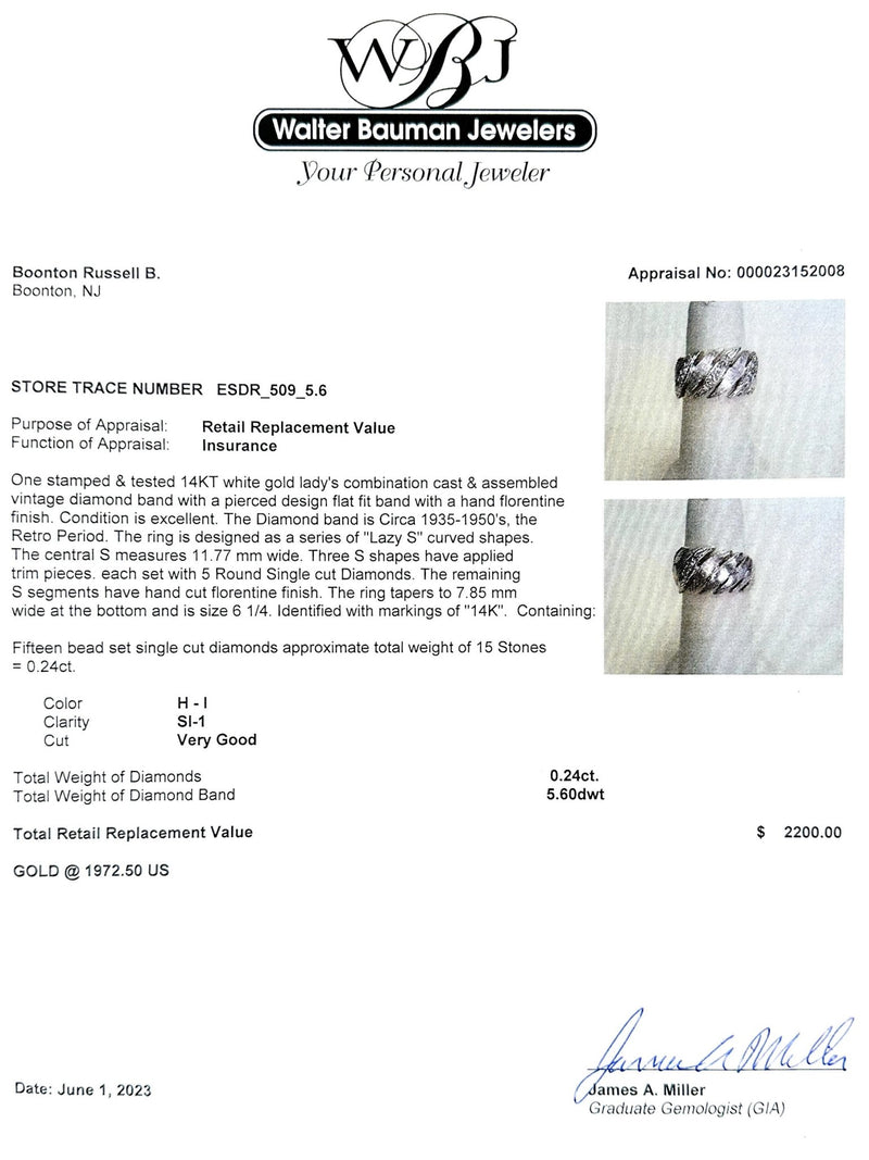 Estate 14K W Gold 0.24cttw H-I/SI1 Diamond S Ring - Walter Bauman Jewelers