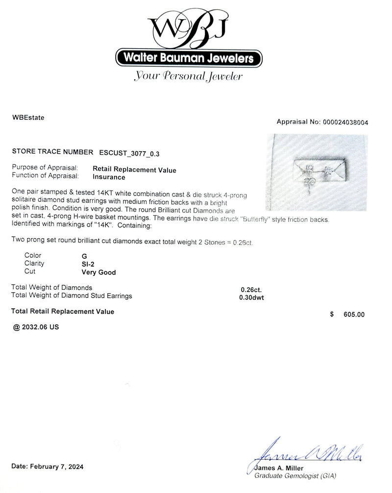 Estate 14K W Gold 0.26ctw G/SI2 Diamond Stud Earrings - Walter Bauman Jewelers