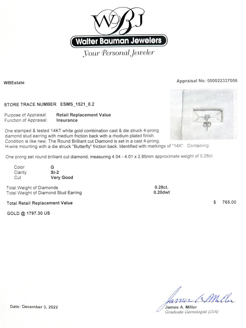 Estate 14K W Gold 0.28ct G/SI2 Diamond Stud Earring - Walter Bauman Jewelers