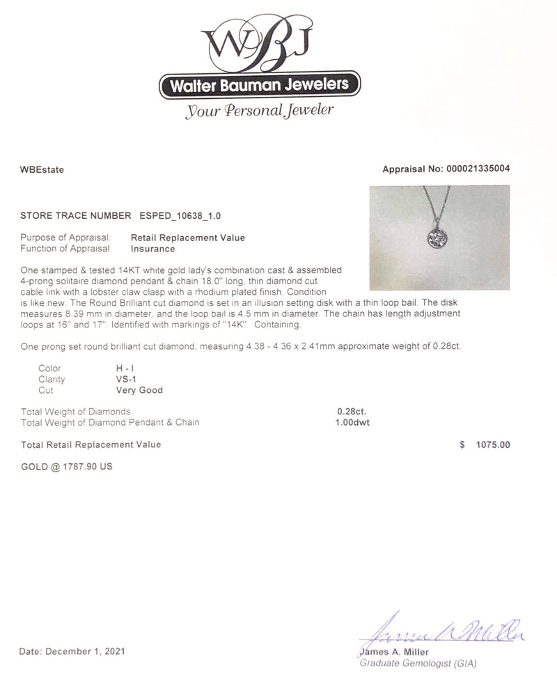 Estate 14K W Gold 0.28ct H/VS1 Diamond Disc Pendant - Walter Bauman Jewelers
