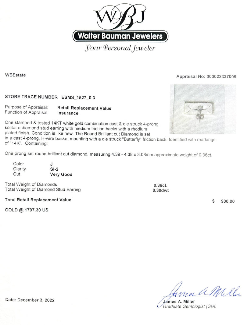 Estate 14K W Gold 0.36ct J/SI2 Diamond Stud Earring - Walter Bauman Jewelers