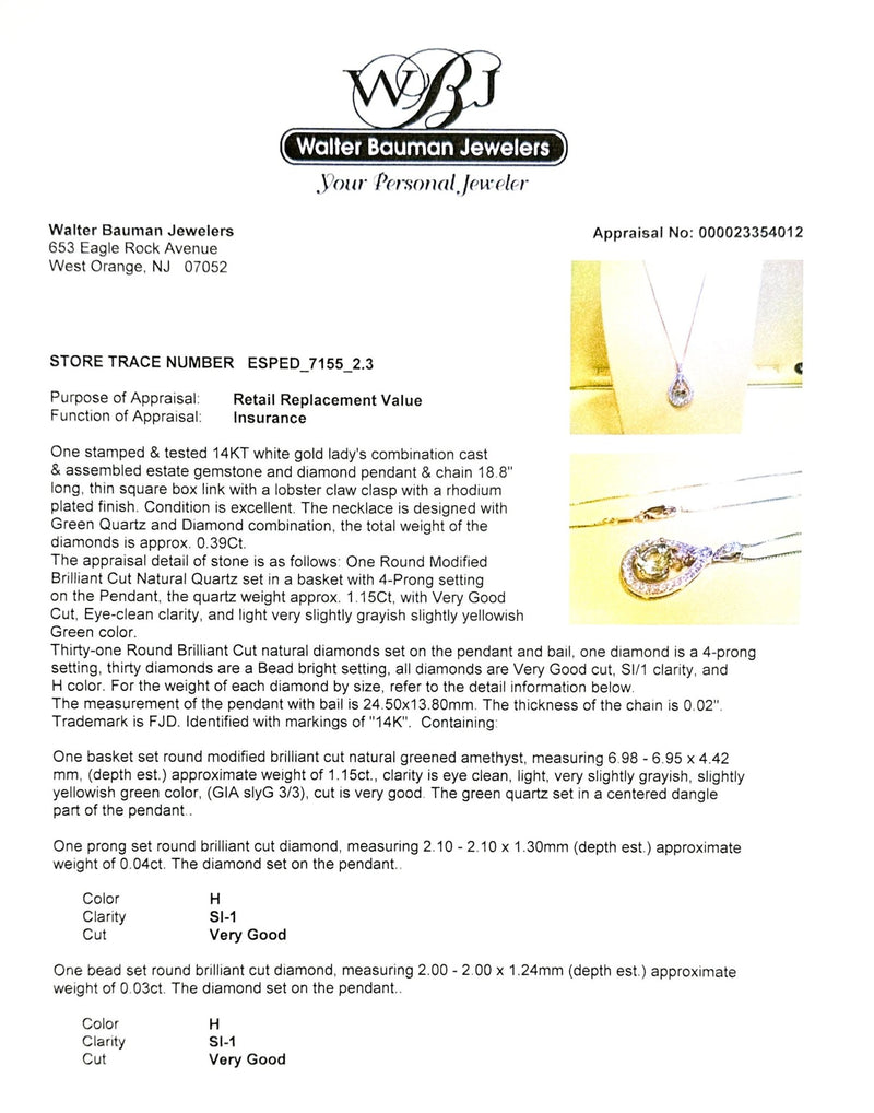 Estate 14K W Gold 0.38ct Amethyst & 1.15cttw H/SI1 Diamond Pendant - Walter Bauman Jewelers