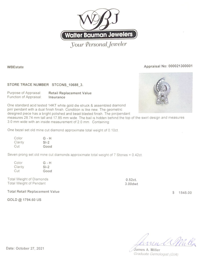 Estate 14K W Gold 0.52cttw G-H/SI2 Diamond Swirl Pendant - Walter Bauman Jewelers