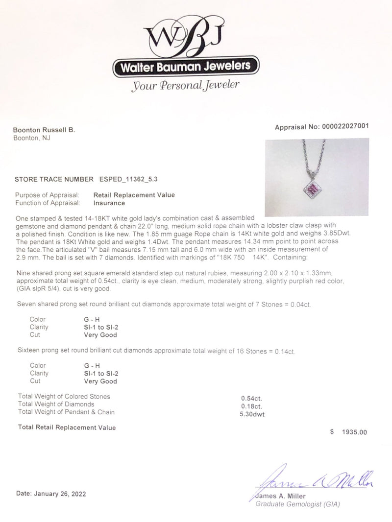 Estate 14K W Gold 0.54cttw Ruby & 0.18cttw G-H/SI1-2 Diamond Pendant - Walter Bauman Jewelers
