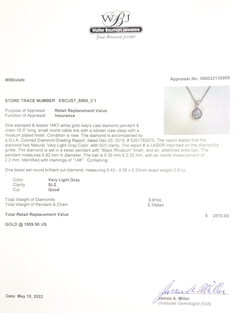 Estate 14K W Gold 0.61ct Fancy Light Gray/SI2 Diamond Pendant. GIA #5201782075 - Walter Bauman Jewelers