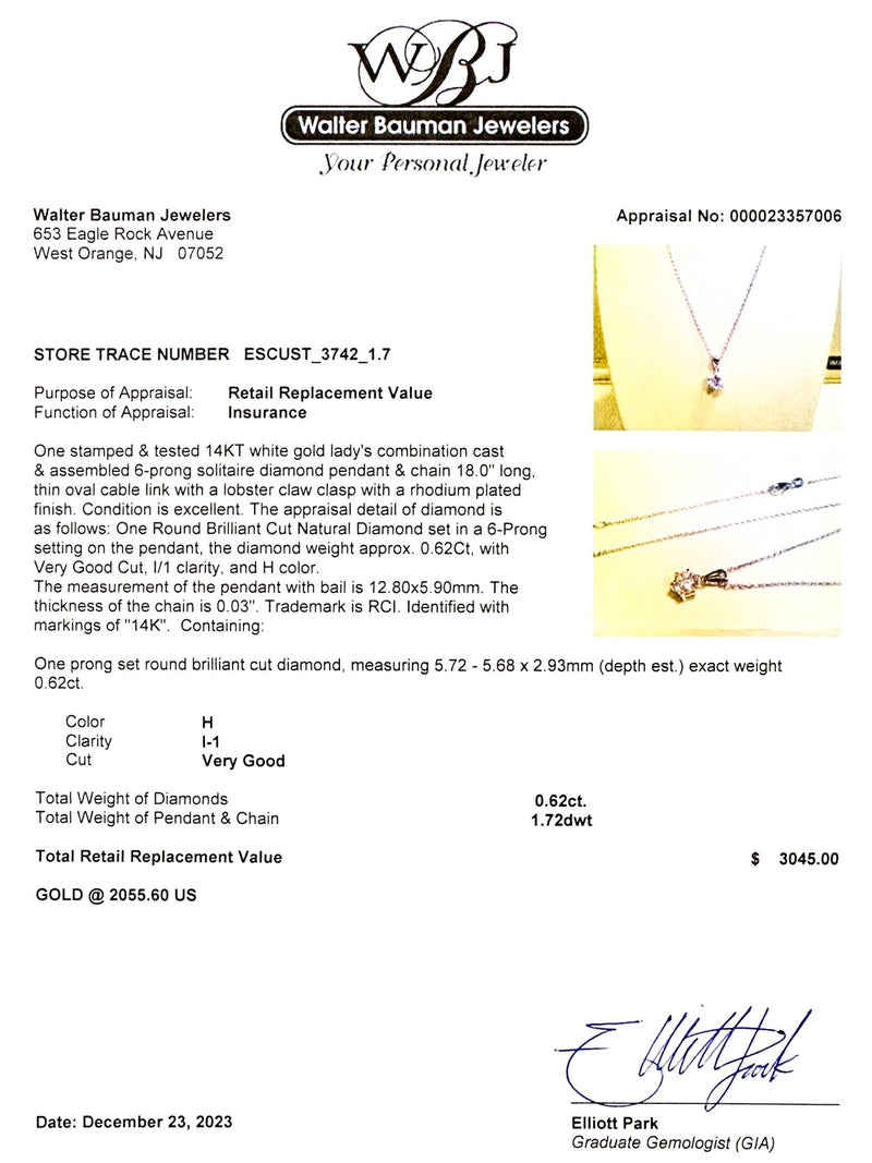 Estate 14K W Gold 0.62ct H/I1 Diamond Pendant - Walter Bauman Jewelers
