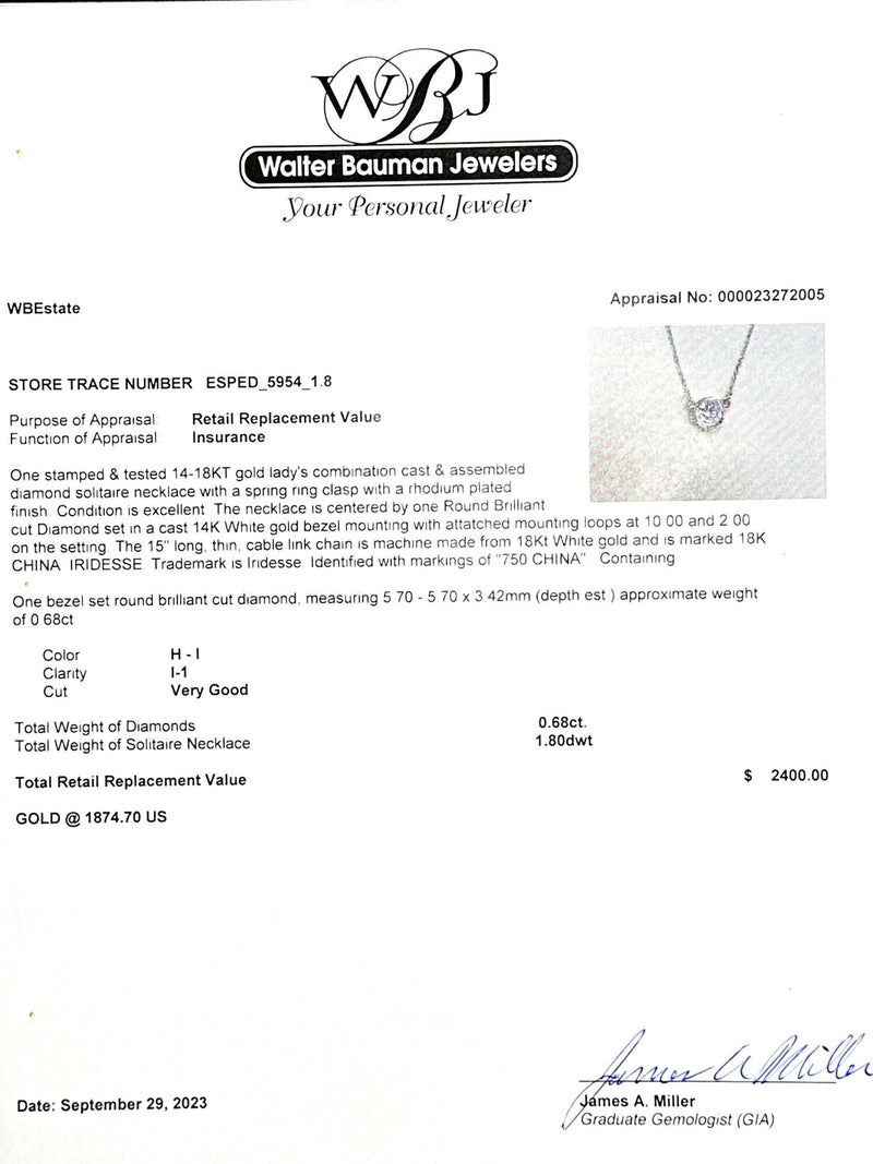 Estate 14K W Gold 0.68ct H-I/I1 Diamond Pendant - Walter Bauman Jewelers