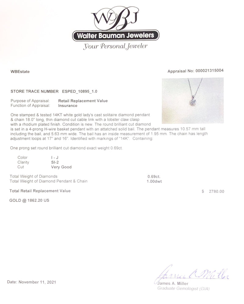 Estate 14K W Gold 0.69ct I/SI2 RBC Diamond Pendant - Walter Bauman Jewelers