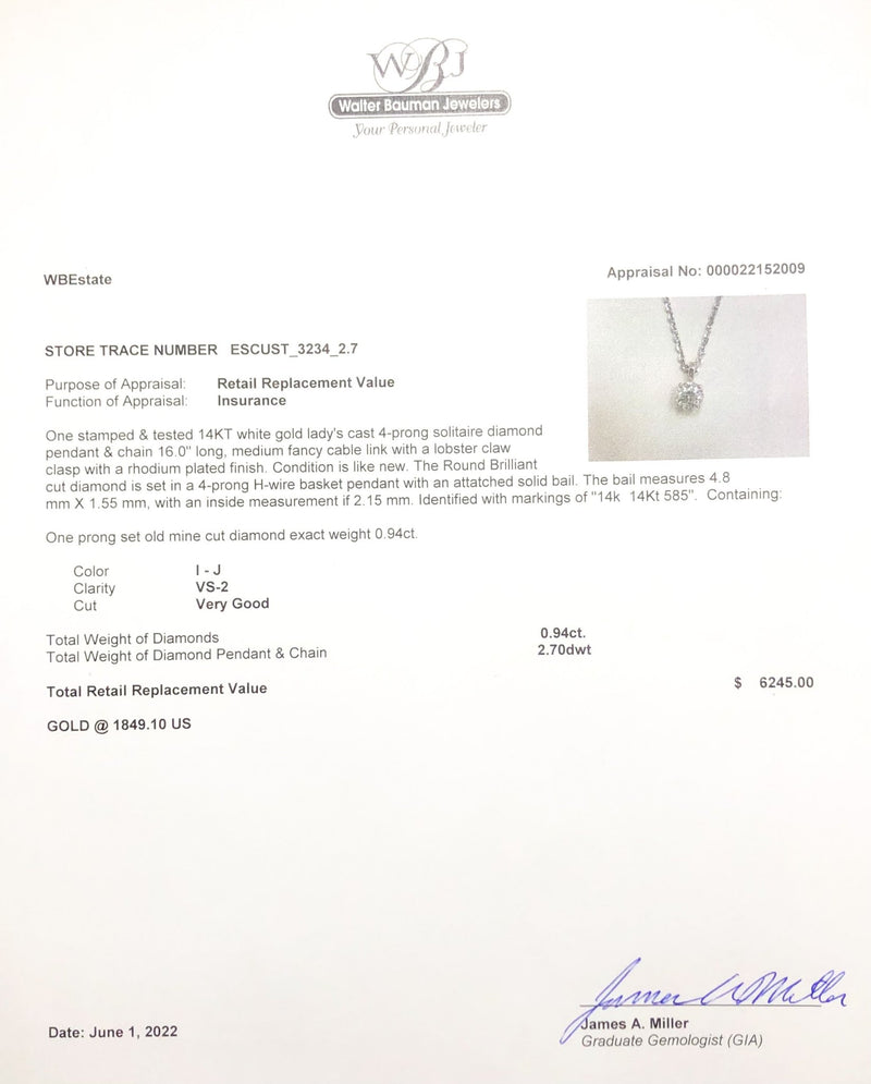 Estate 14K W Gold 0.94ct I/VS2 OMC Diamond Solitaire Pendant - Walter Bauman Jewelers