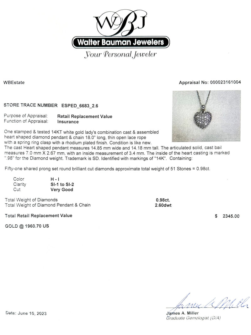 Estate 14K W Gold 0.98cttw H-I/SI1-2 Diamond Heart Pendant - Walter Bauman Jewelers
