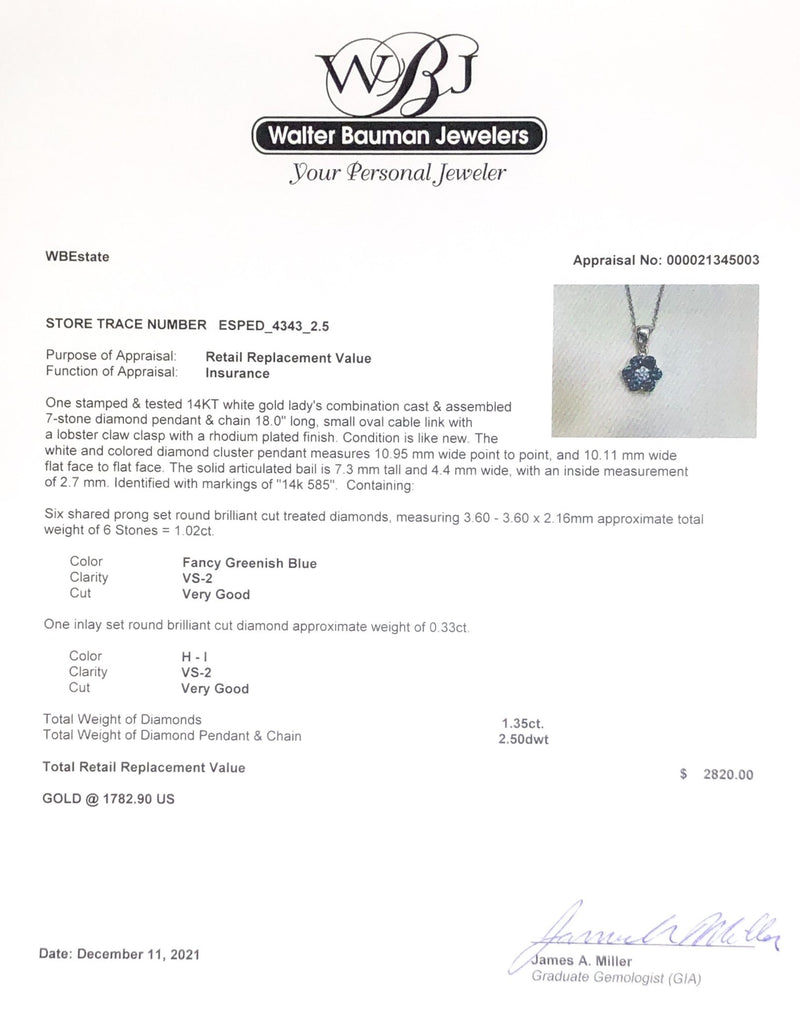 Estate 14K W Gold 1.02cttw Fancy Blue/VS2 & 0.33cttw H-I/VS2 Diamond Flower Pendant - Walter Bauman Jewelers