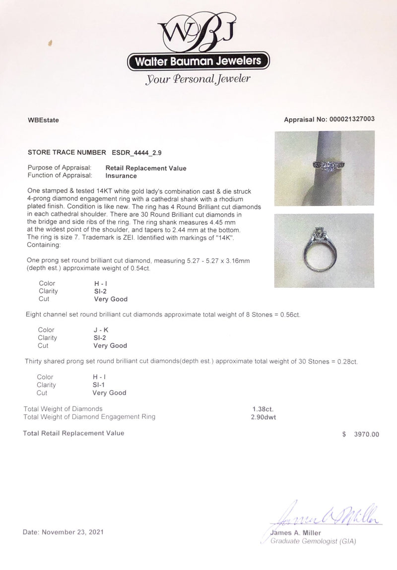 Estate 14K W Gold 1.38cttw H-K/SI1-2 Diamond Engagement Ring - Walter Bauman Jewelers