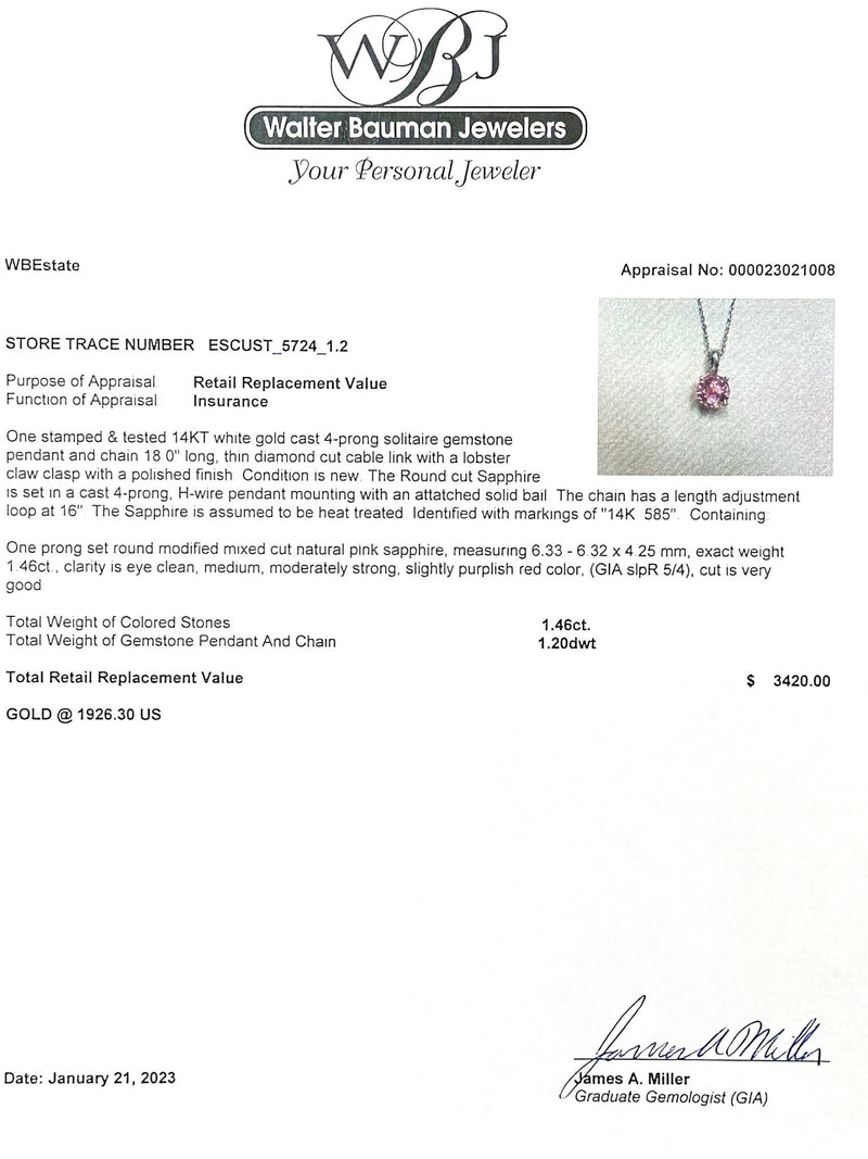 Estate 14K W Gold 1.46ct Pink Sapphire Pendant - Walter Bauman Jewelers