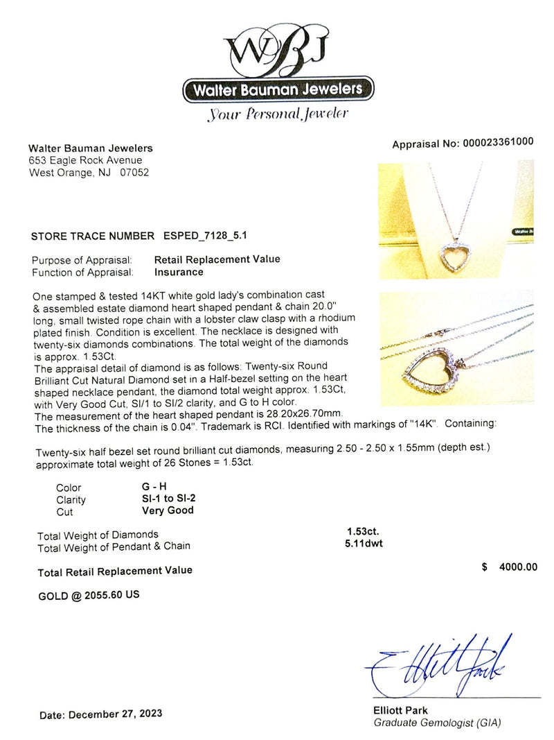 Estate 14K W Gold 1.53cttw G-H/SI1-2 Diamond Heart Pendant - Walter Bauman Jewelers