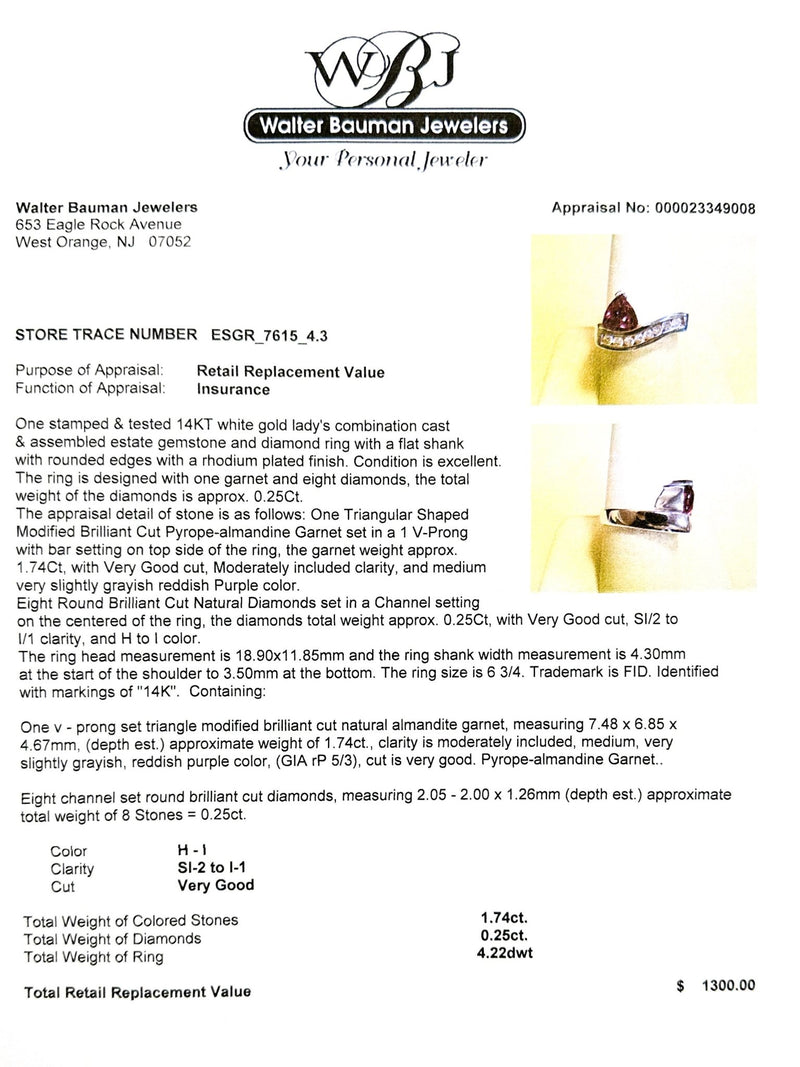 Estate 14K W Gold 1.74ct Garnet & 0.25cttw H-I/SI2-I1 Diamond Ring - Walter Bauman Jewelers