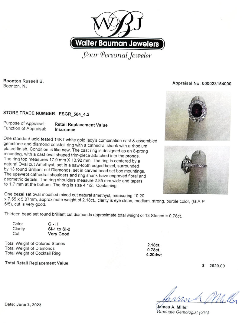 Estate 14K W Gold 2.18ct Amethyst & 0.78cttw G-H/SI1-2 Diamond Ring - Walter Bauman Jewelers