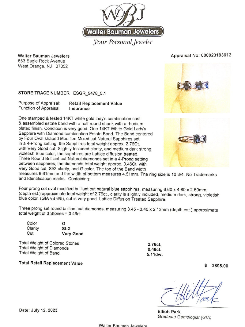 Estate 14K W Gold 2.76cttw Sapphire & 0.46cttw G/SI2 Diamond Ring - Walter Bauman Jewelers