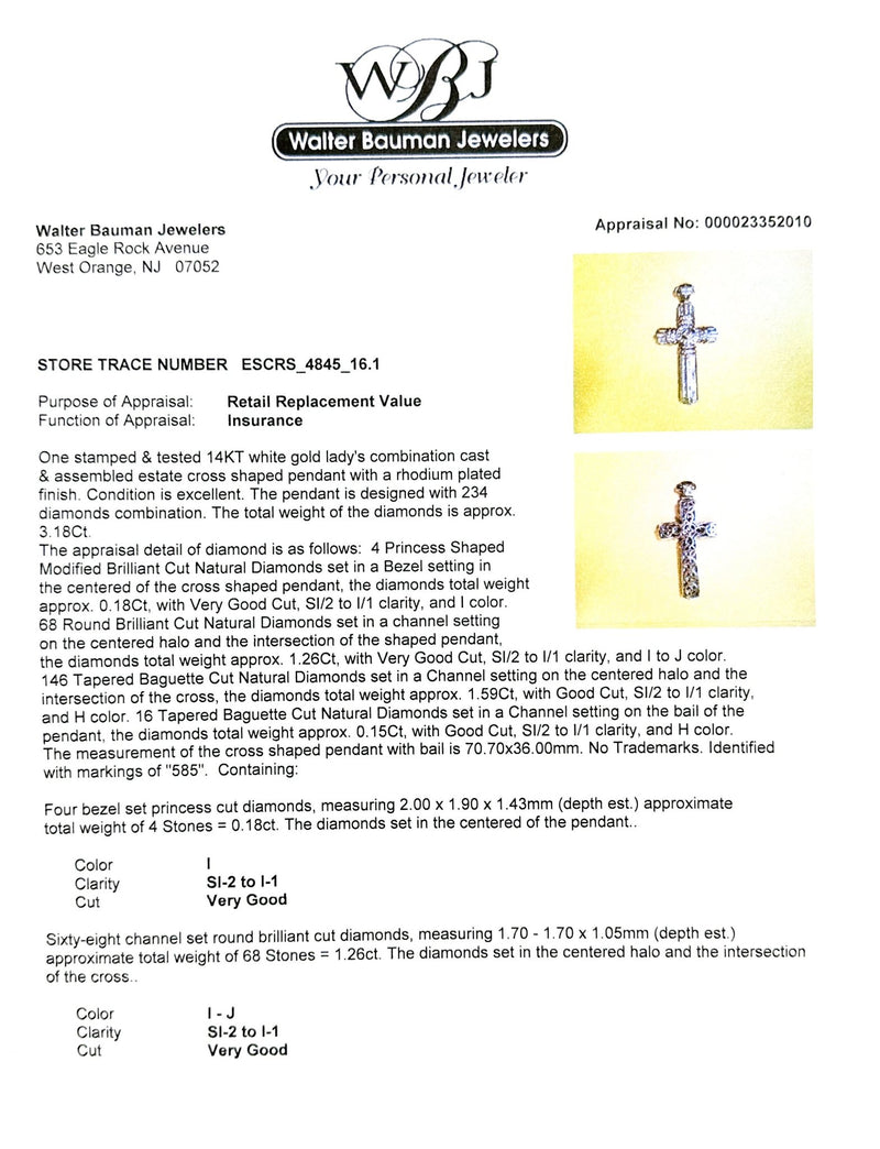 Estate 14K W Gold 3.18cttw H-J/SI2-I1 Diamond Cross Pendant - Walter Bauman Jewelers