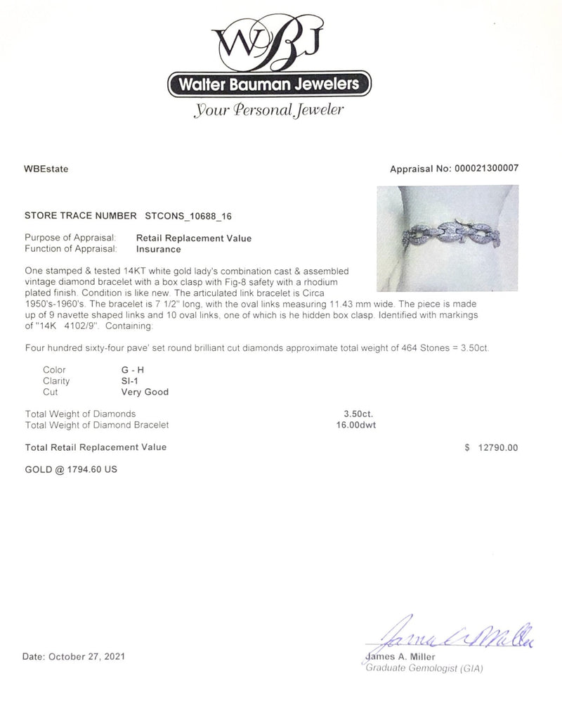 Estate 14K W Gold 3.5cttw G-H/SI1 Diamond Link Bracelet - Walter Bauman Jewelers