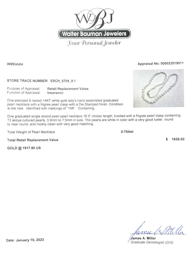 Estate 14K W Gold 3.9-7.5mm Akoya Pearl 16" Necklace - Walter Bauman Jewelers